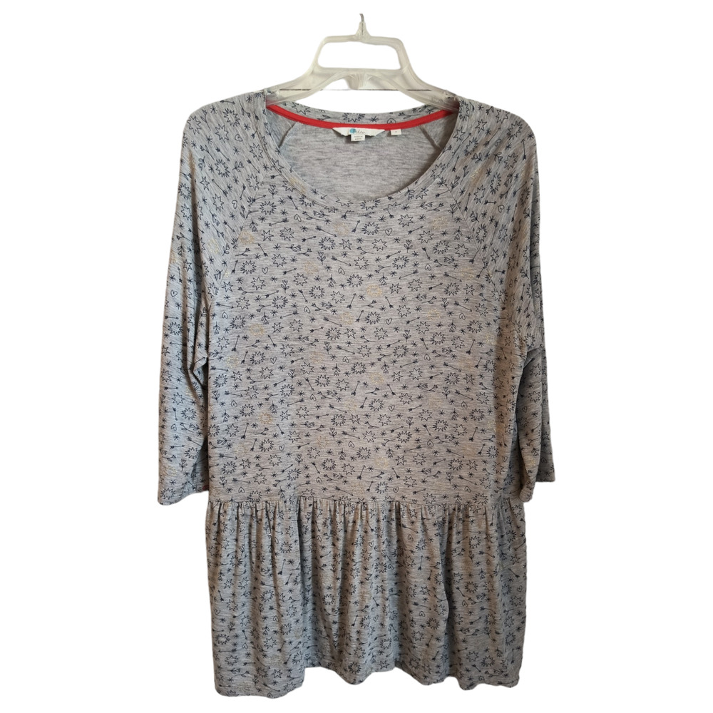 Boden Tunic Top Women's Sz M Gray Print 3/4 Sleeve Peplum Pullover Jersey Knit